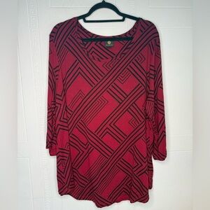 JM Collection Top Womens XXL Burgundy Black Geometric 3/4 Sleeve Tunic